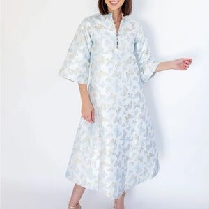 Light Blue Butterfly-Print Midi Dress with Split Neck